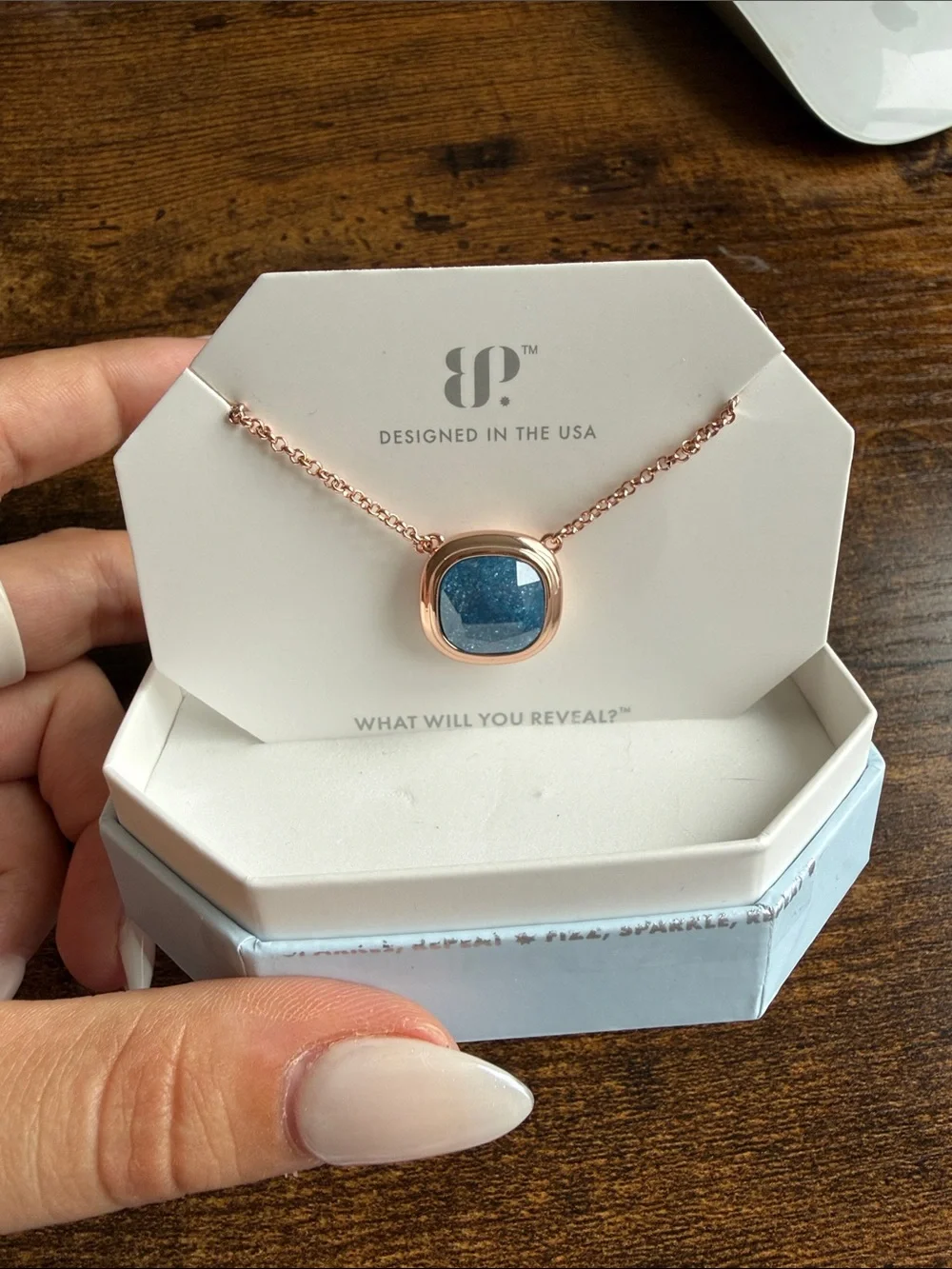 Rose Gold Necklace with Blue Stone Pendant